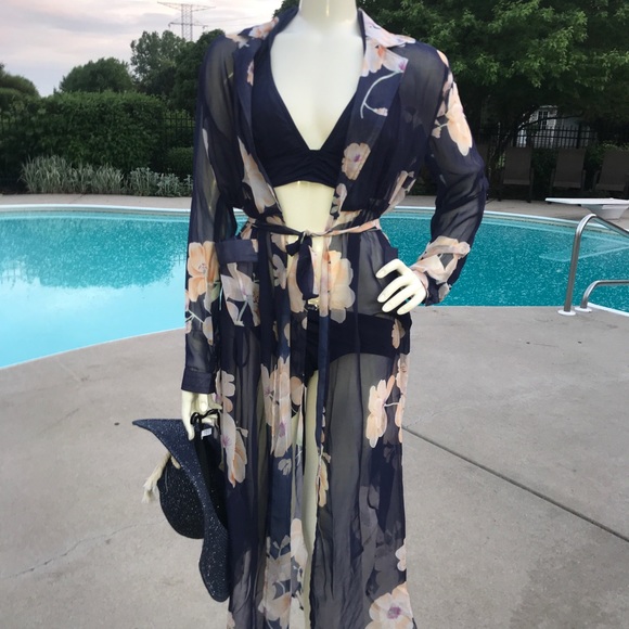 Other - SHEER floral long 3/4 sleeve duster maxi COVER UP